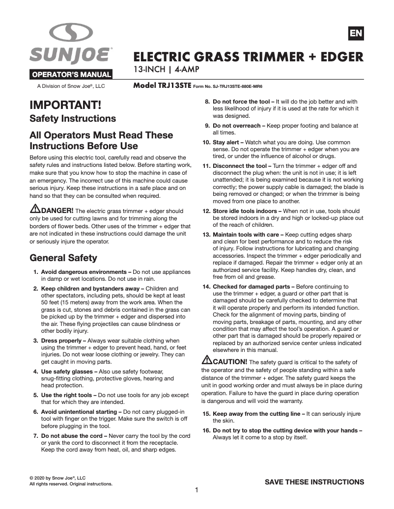 First page image of the manual for TRJ13STE