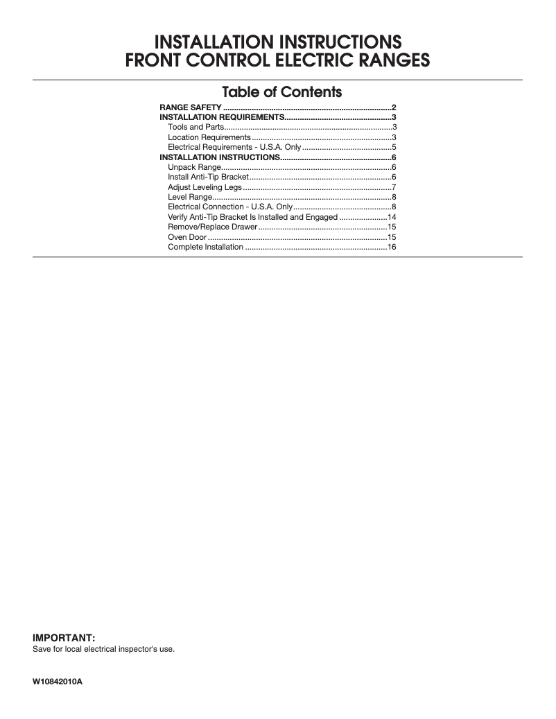 Page 1 of the manual Installation Guide Whirlpool WEE510S0FW