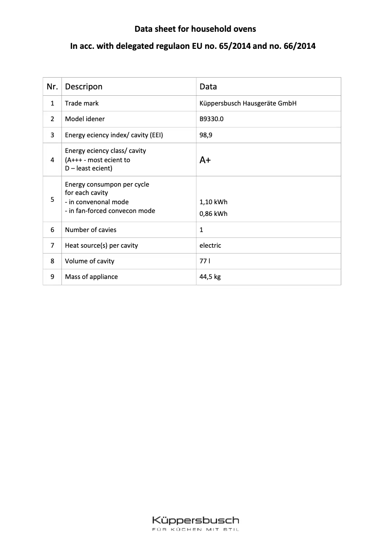 Page 1 of the manual Energy Label Küppersbusch B9330.0S