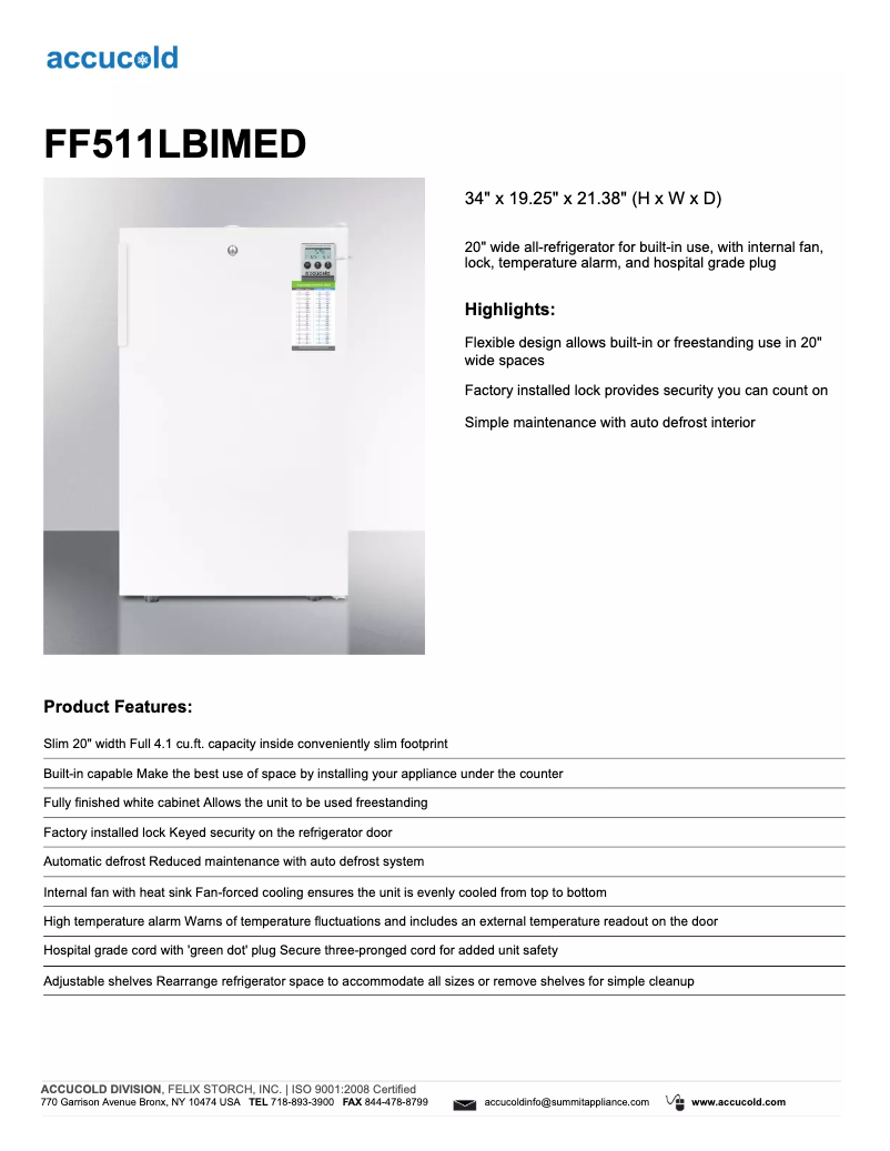 Page 1 of the manual Technical Sheet Summit Accucold FF511LBIMED