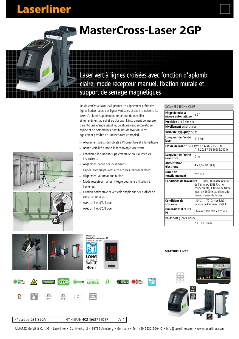 Page 1 of the manual Technical Sheet Laserliner MasterCross-Laser 2GP