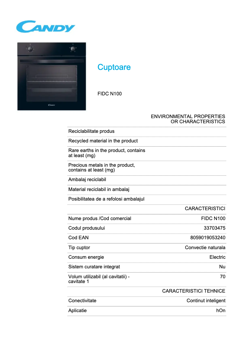 Page 1 of the manual Technical Sheet Candy FIDC N100