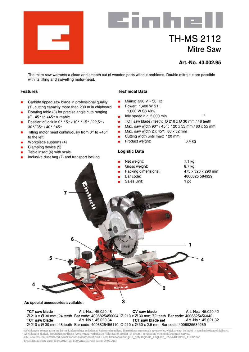 Page 1 of the manual Technical Sheet Einhell TH-MS 2112