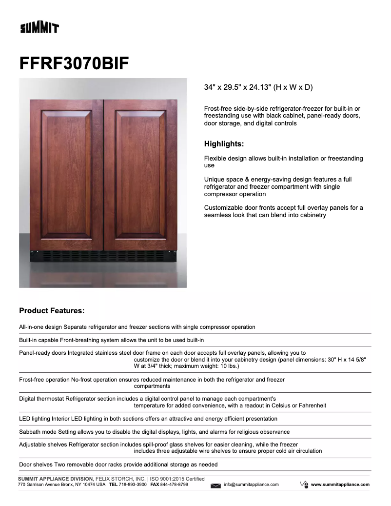 Page 1 of the manual Technical Sheet Summit FFRF3070