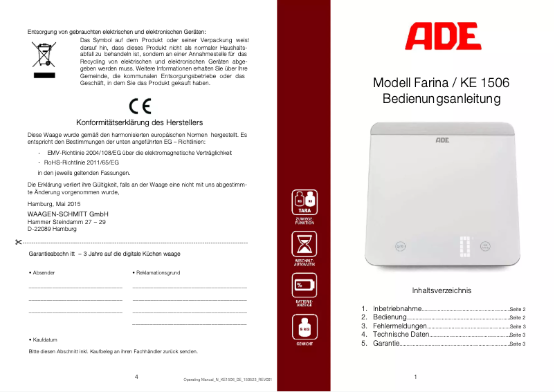 First page image of the manual for Farina KE 1506