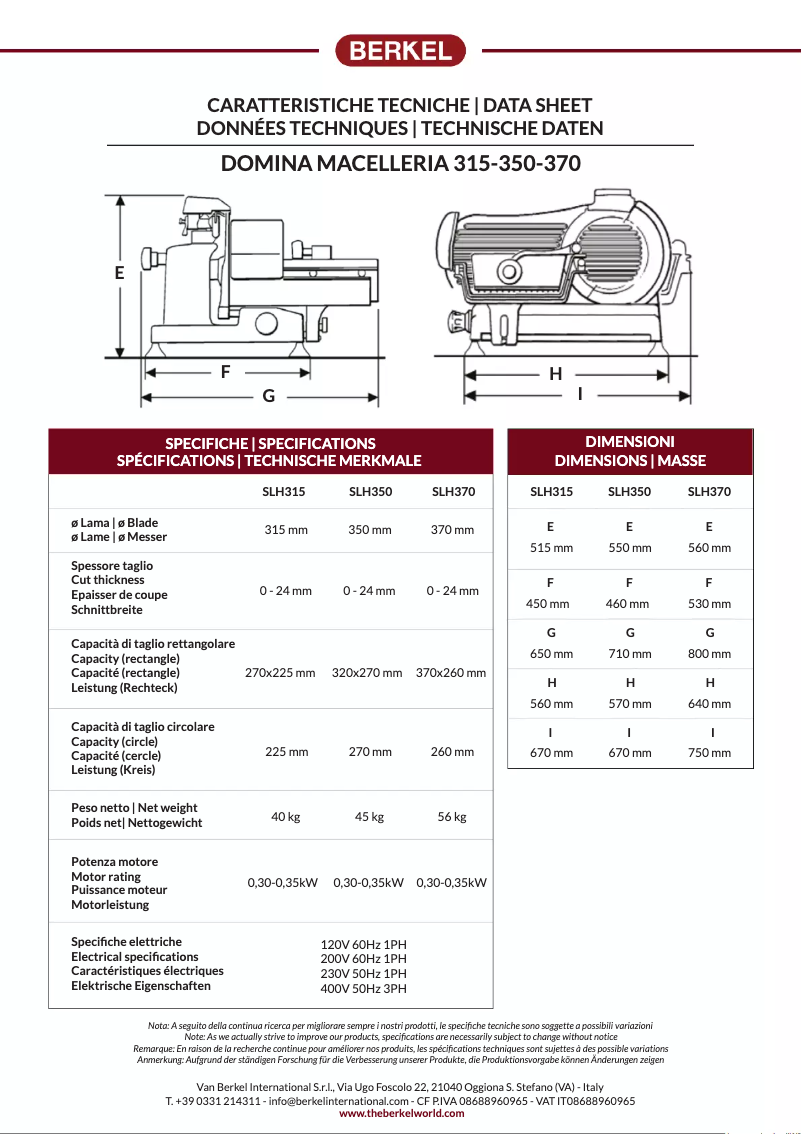 Page 1 of the manual Technical Sheet Berkel Domina Macelleria SLH370