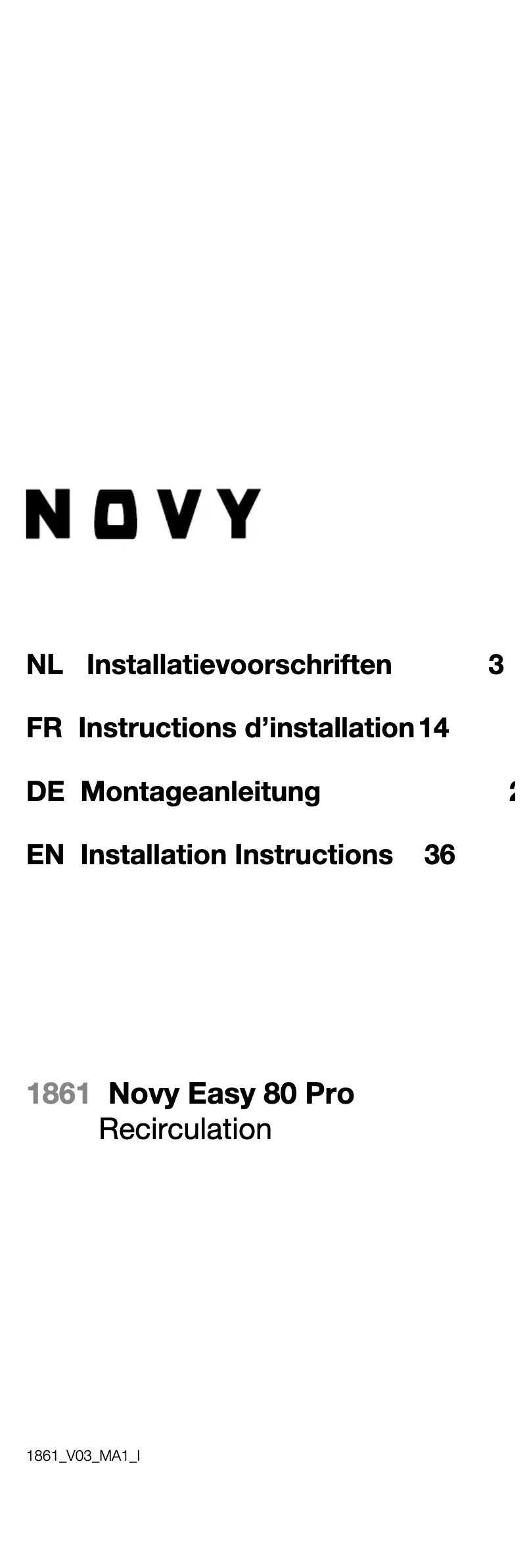 Page 1 of the manual Installation Guide Novy Easy Pro 1861