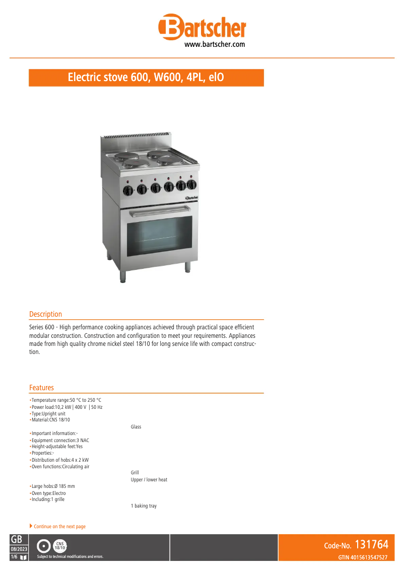 Page 1 of the manual Technical Sheet Bartscher 131764