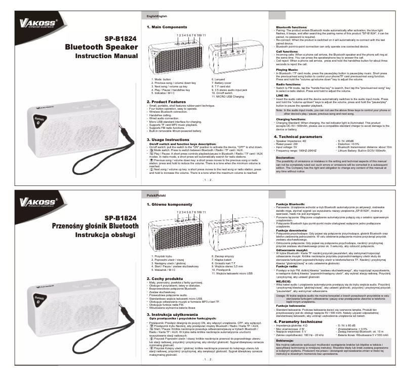 Page 1 of the manual User Manual Vakoss SP-B1824BK