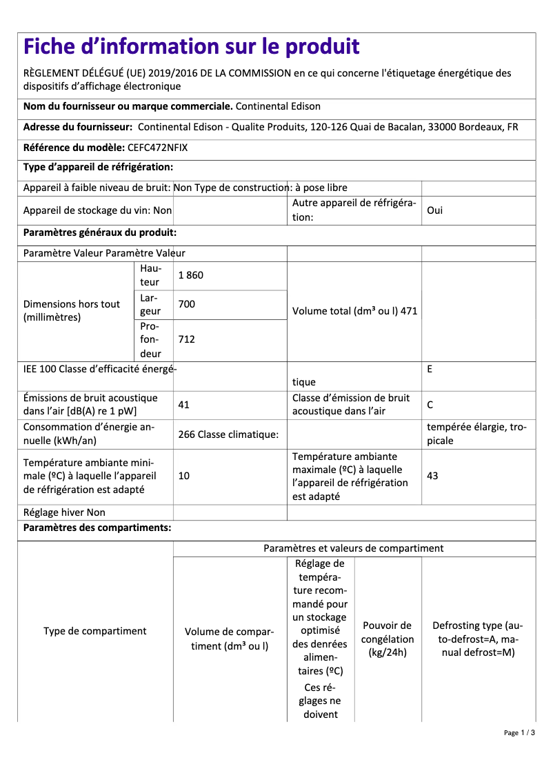 Page 1 of the manual Energy Label Continental Edison CEFC472NFIX