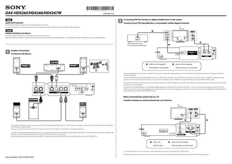 Page 1 of the manual Installation Guide Sony DAV-HDX265
