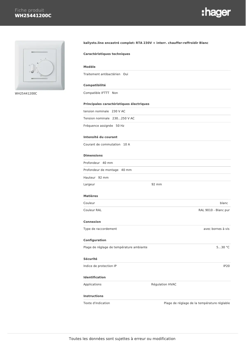 Page 1 of the manual Technical Sheet Hager WH25441200C