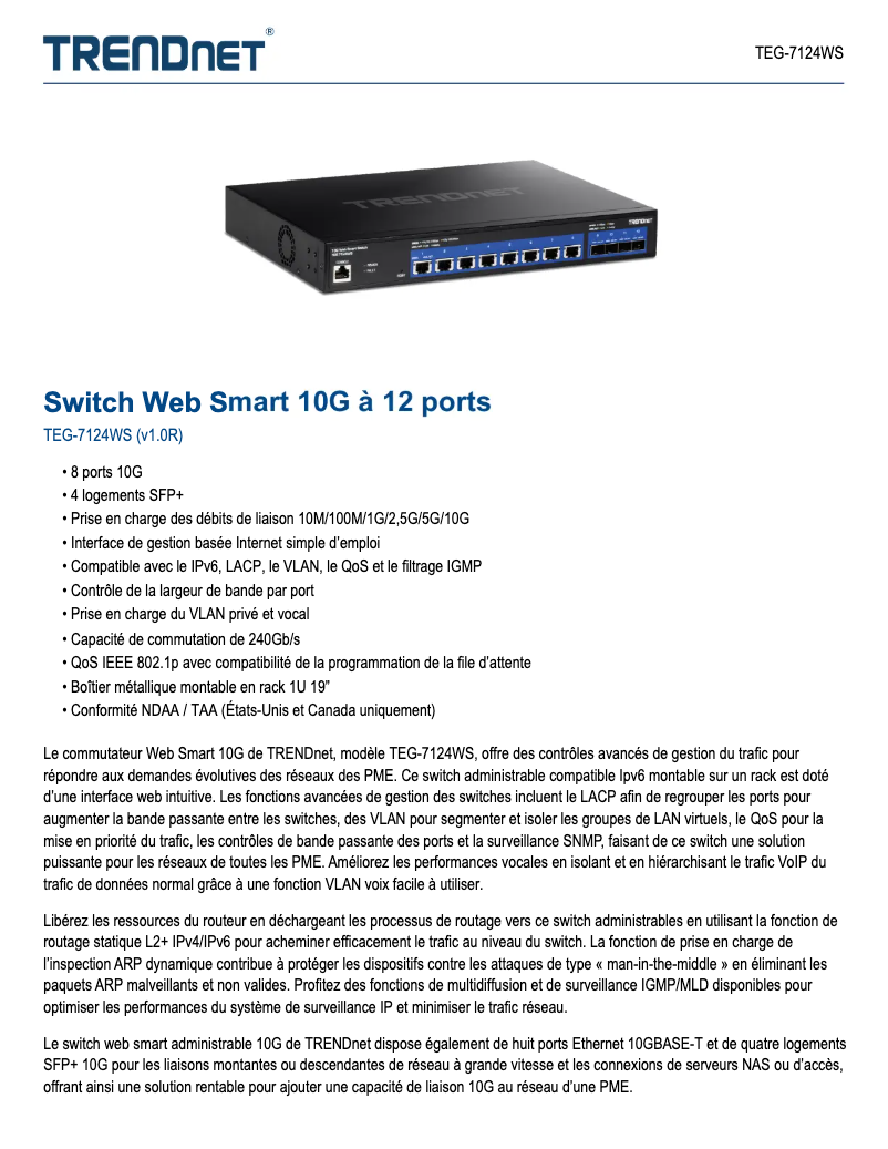 Page 1 of the manual Technical Sheet TRENDnet TEG-7124WS