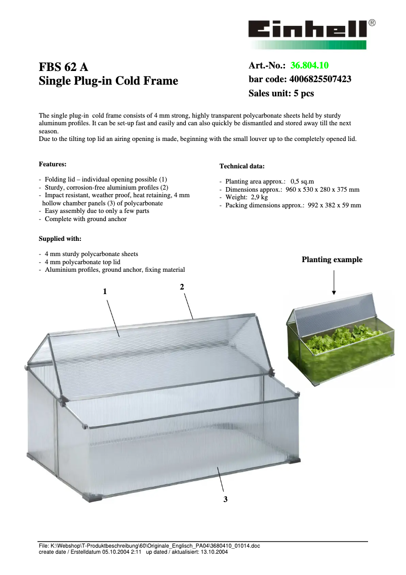 Page 1 of the manual Technical Sheet Einhell FBS 62 A