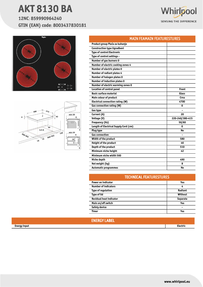 Page 1 de la notice Fiche technique Whirlpool AKT 8130 BA