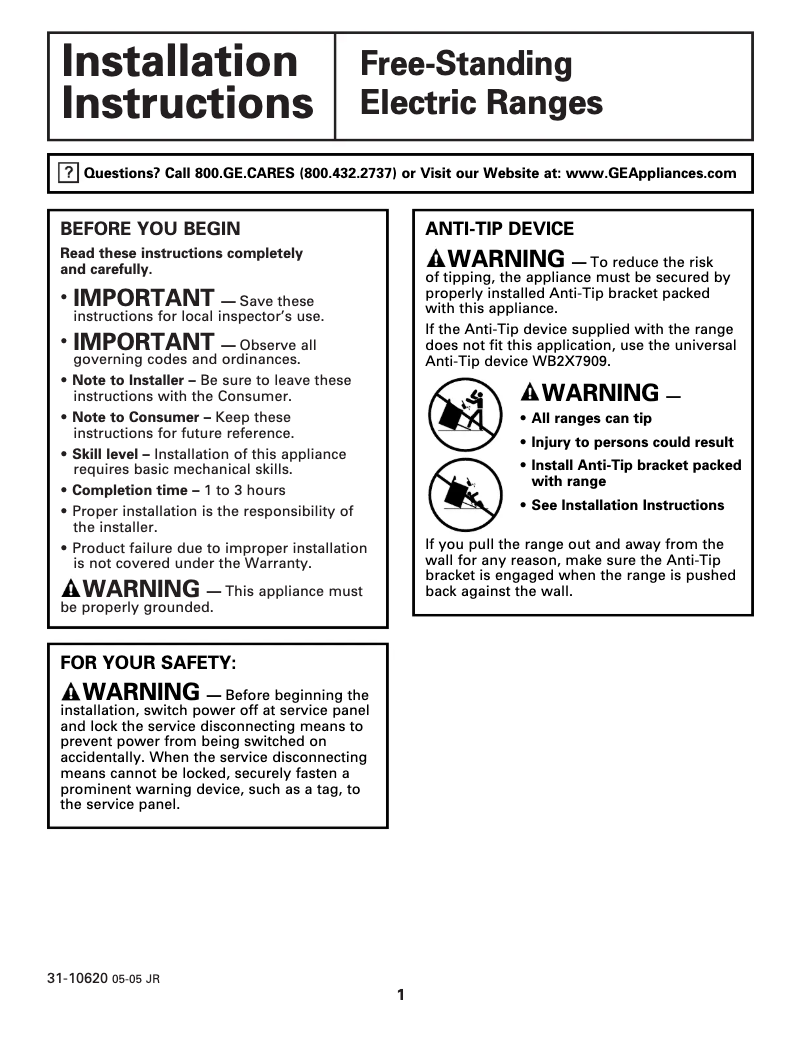 Page 1 of the manual Installation Guide GE JBP81SKSS