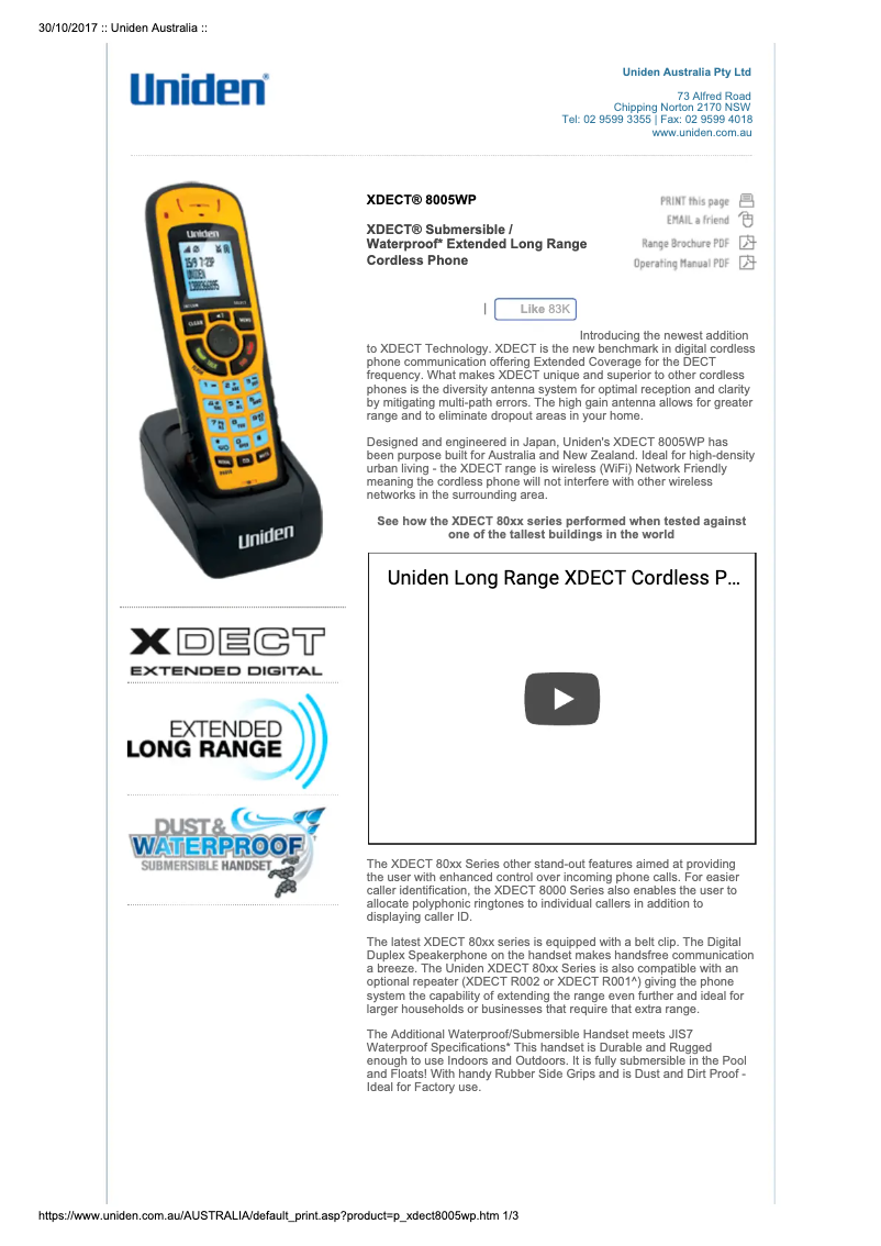Page 1 of the manual User Manual Uniden XDECT 8005WP