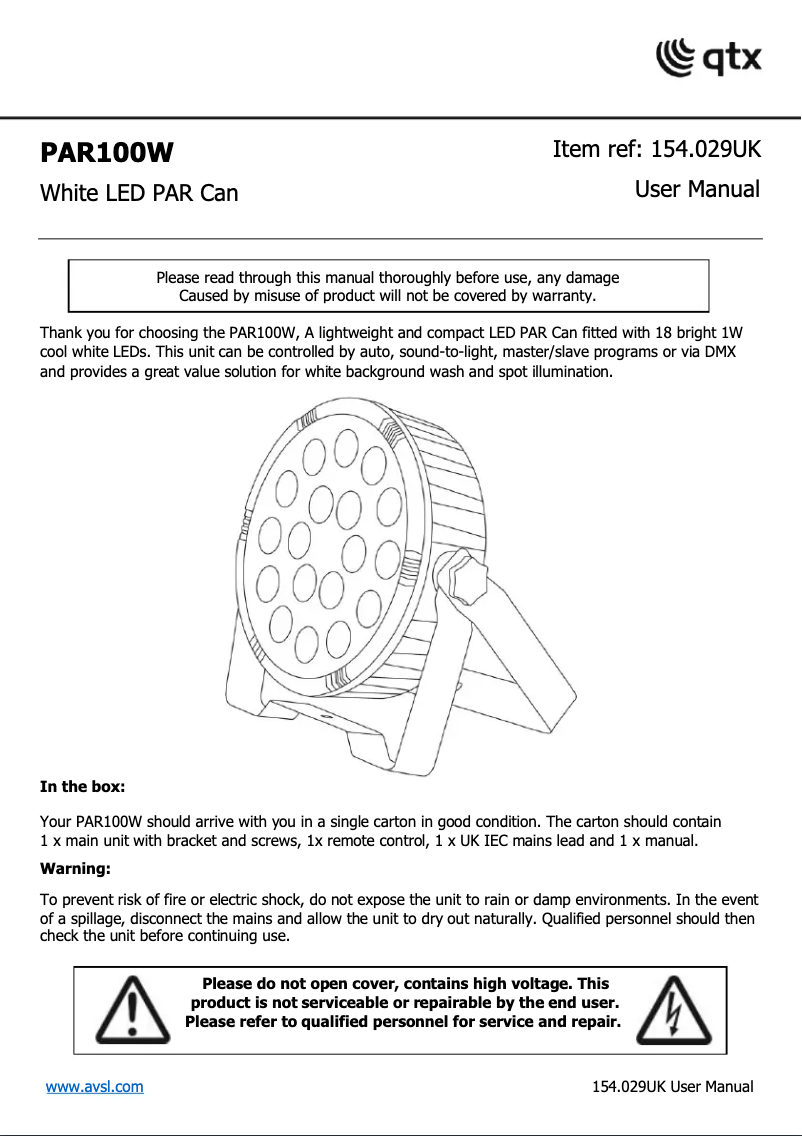First page image of the manual for PAR100W