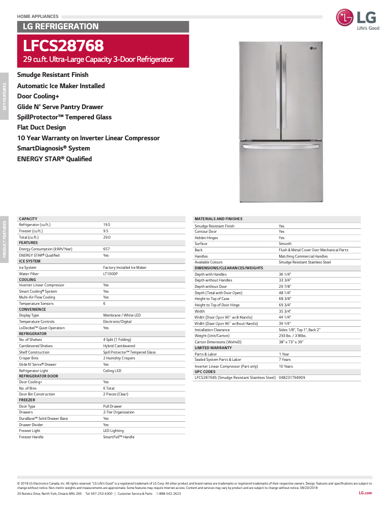 Page 1 of the manual Technical Sheet LG LFCS28768S