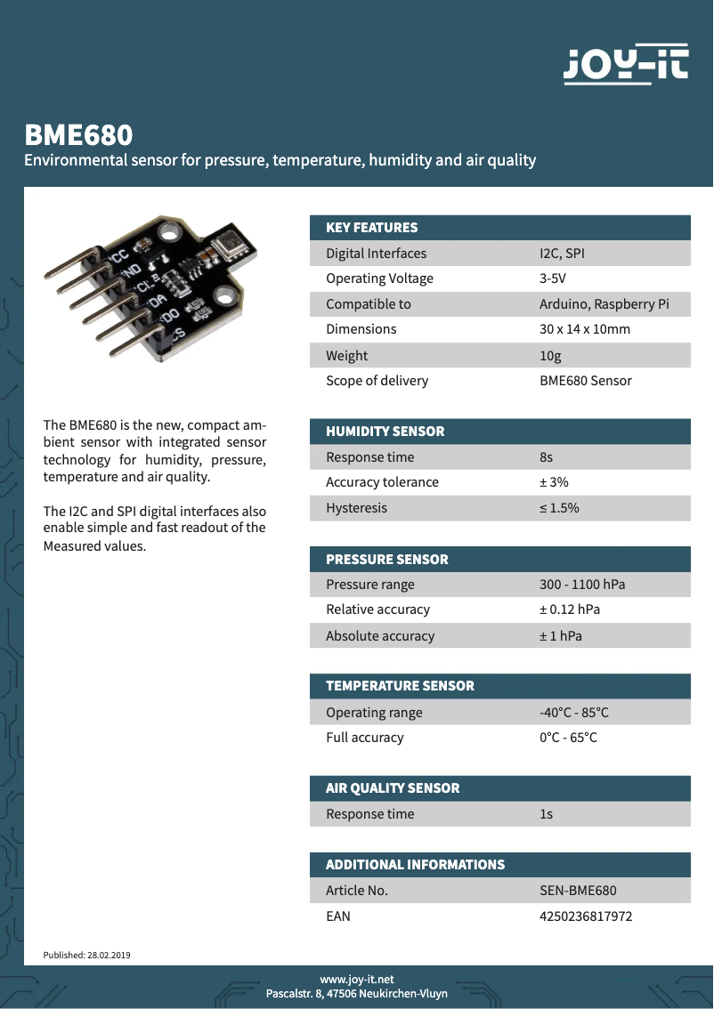 Page 1 de la notice Fiche technique Joy-It SEN-BME680