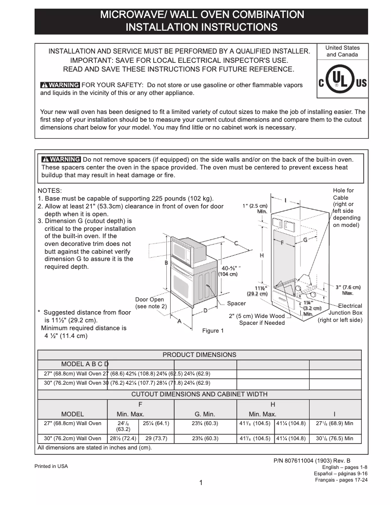 Page 1 of the manual Installation Guide Frigidaire FGMC2766UD