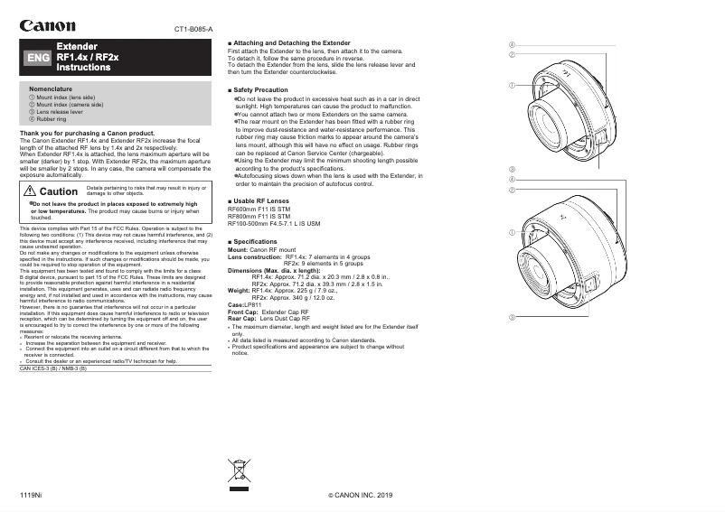 Page 1 of the manual User Manual Canon Extender RF 2x