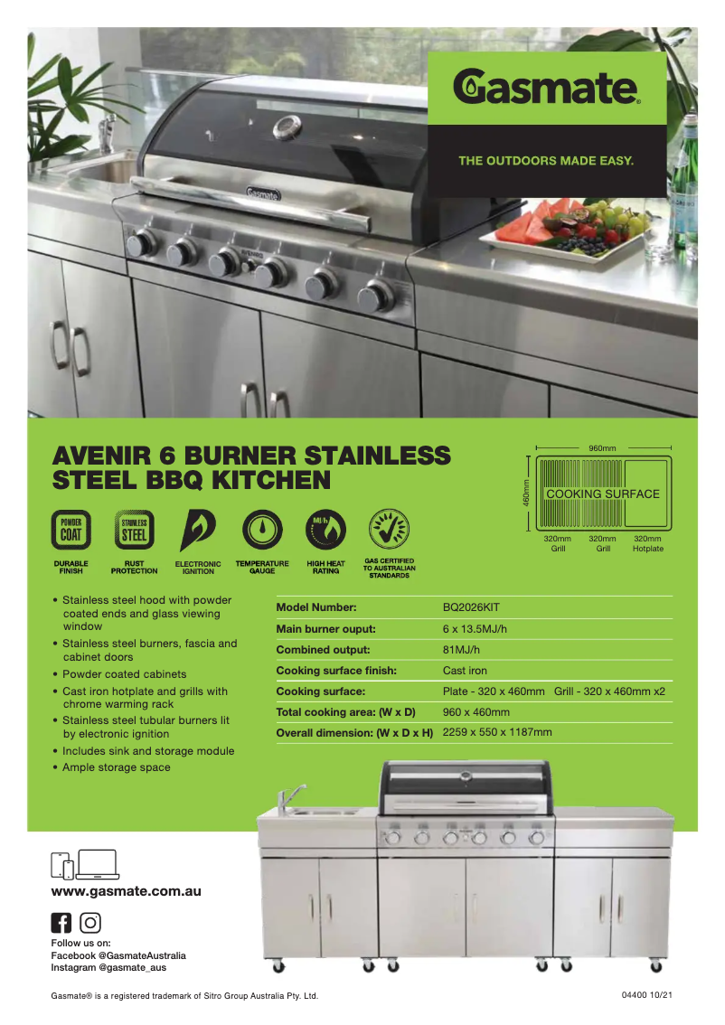 Page 1 of the manual Technical Sheet Gasmate Avenir BQ2026KIT