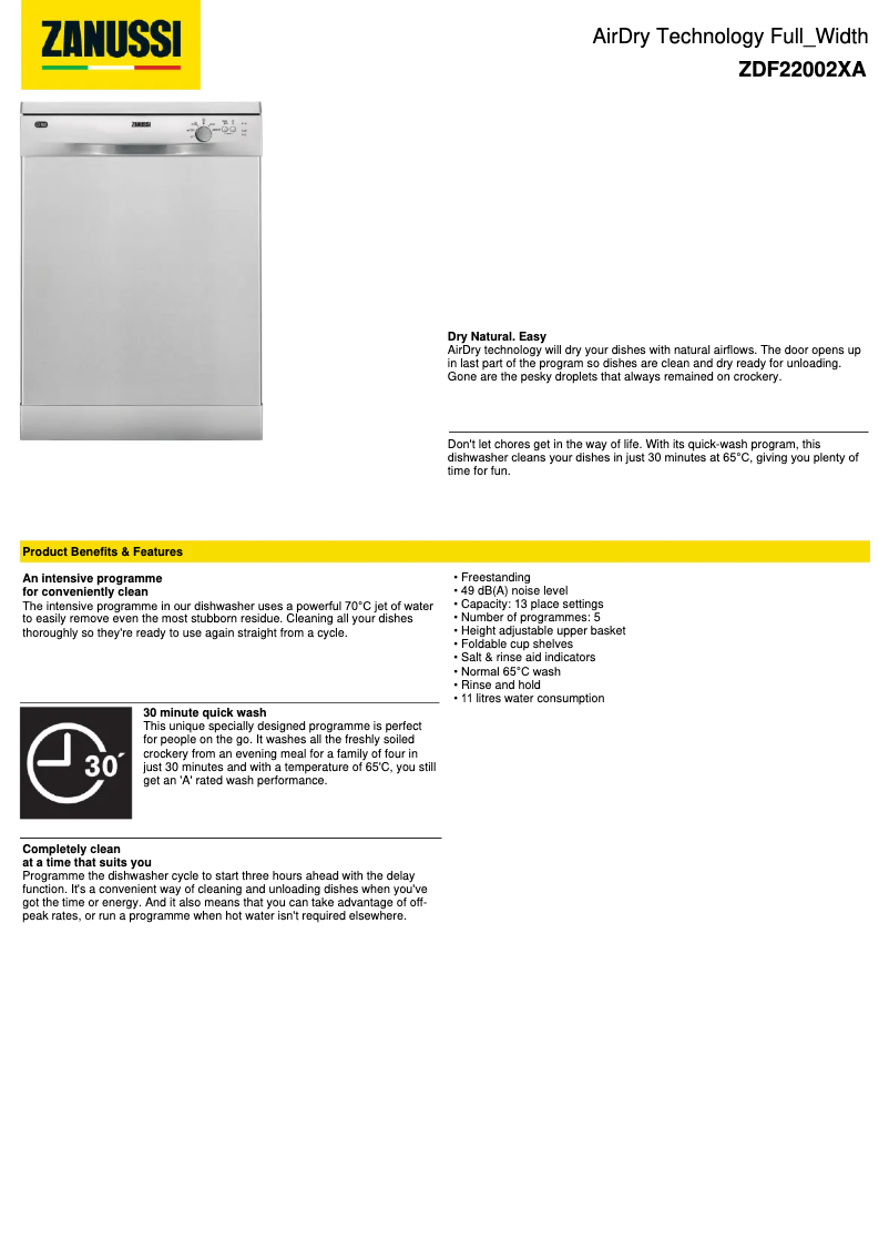 Page 1 of the manual Technical Sheet Zanussi ZDF22002XA