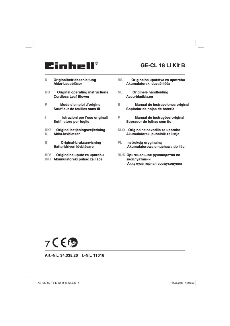 Page 1 of the manual User Manual Einhell GE-CL 18 Li Kit