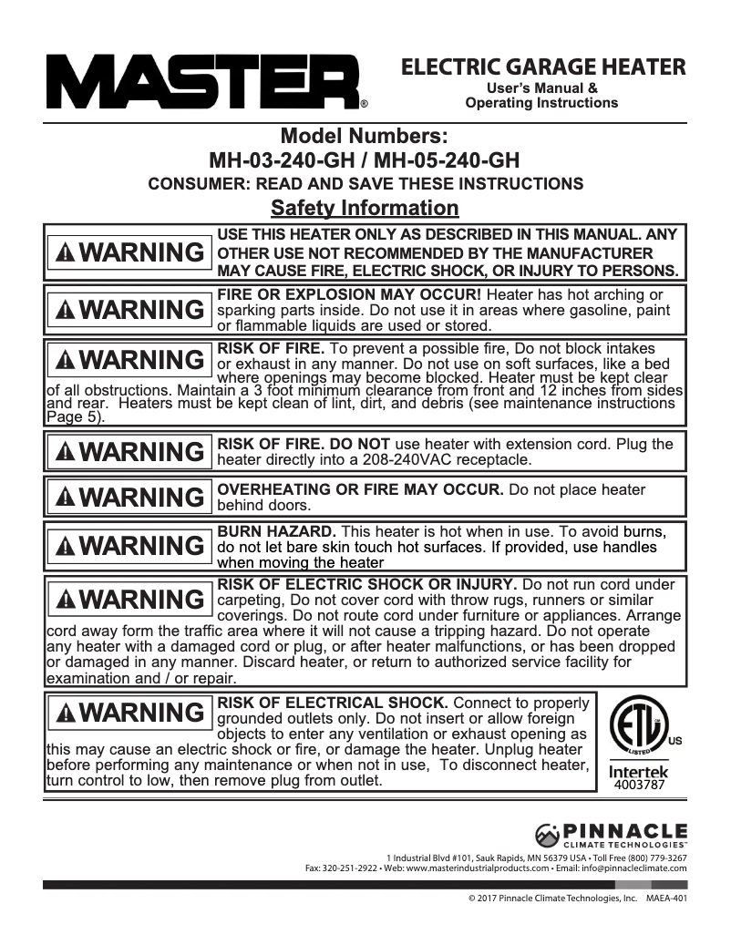 Page 1 of the manual User Manual Master MH-05-240-GH