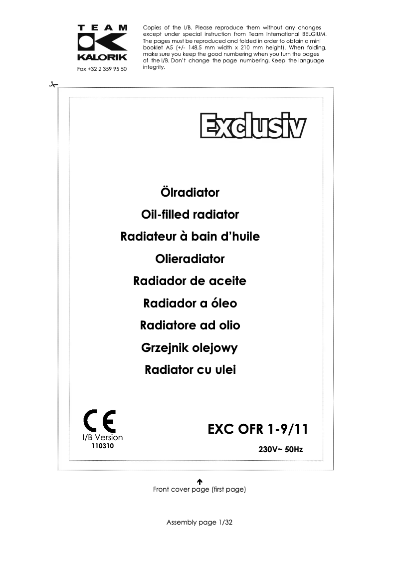 Page 1 of the manual User Manual Kalorik EXC OFR 1-9