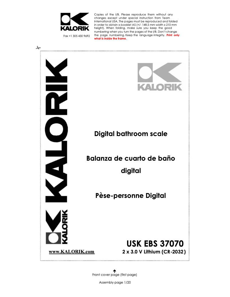 Page 1 of the manual User Manual Kalorik USK EBS 37070