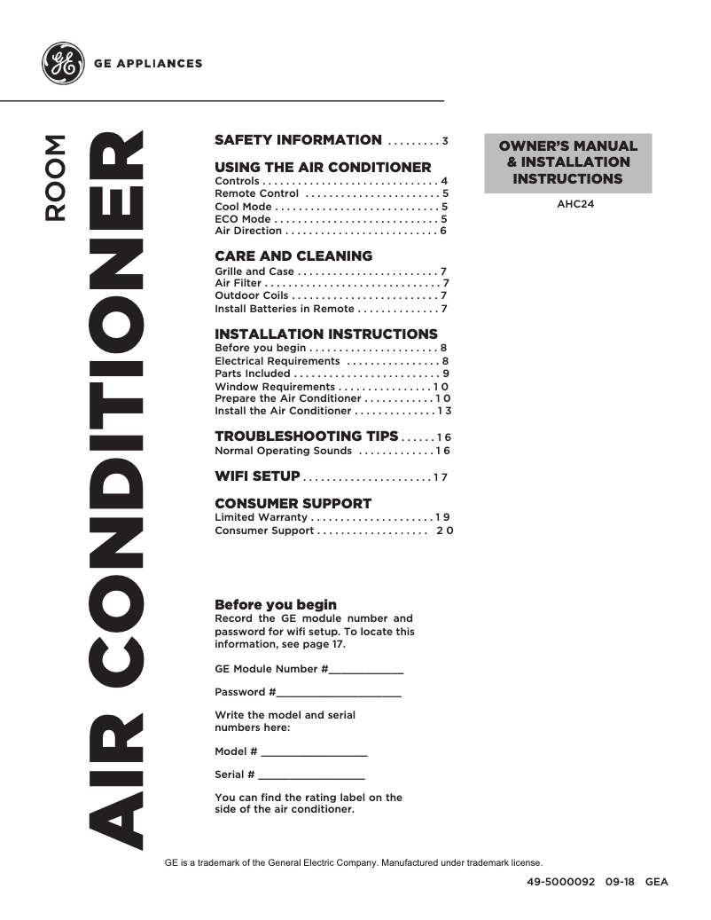 First page image of the manual for AHC24DY