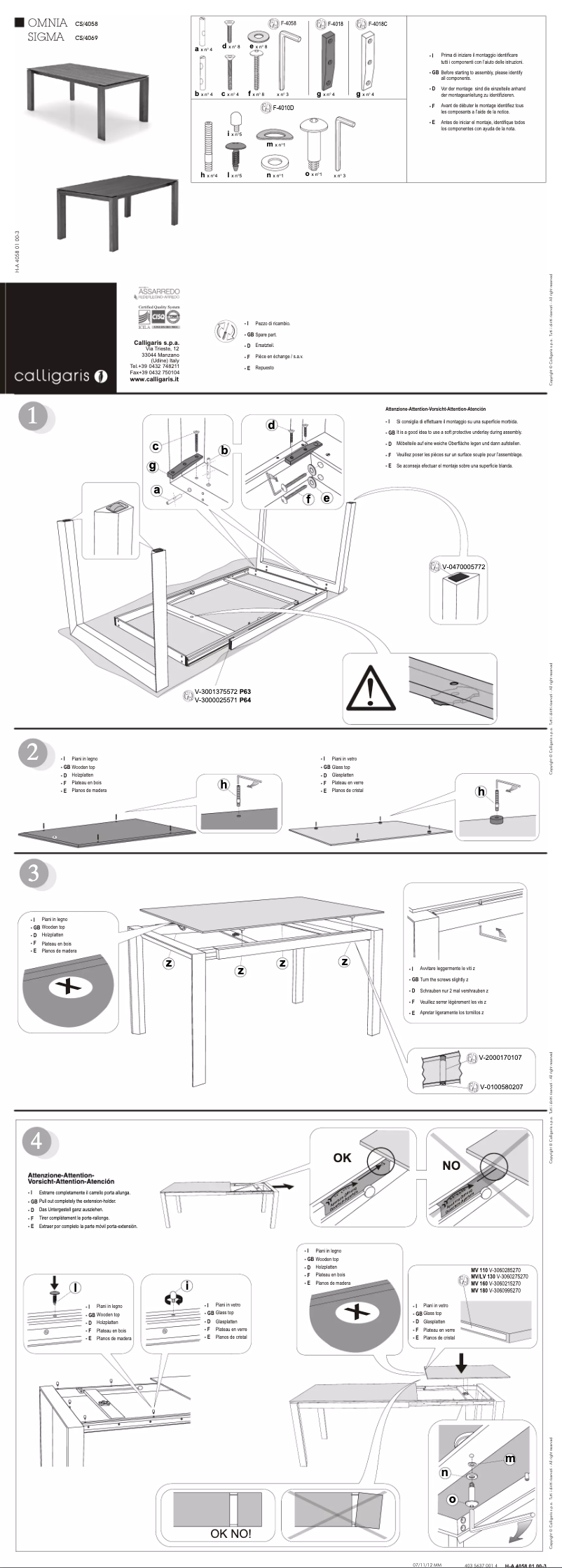 Page 1 of the manual User Manual Calligaris .com SIGMA CS/4069-LL 140