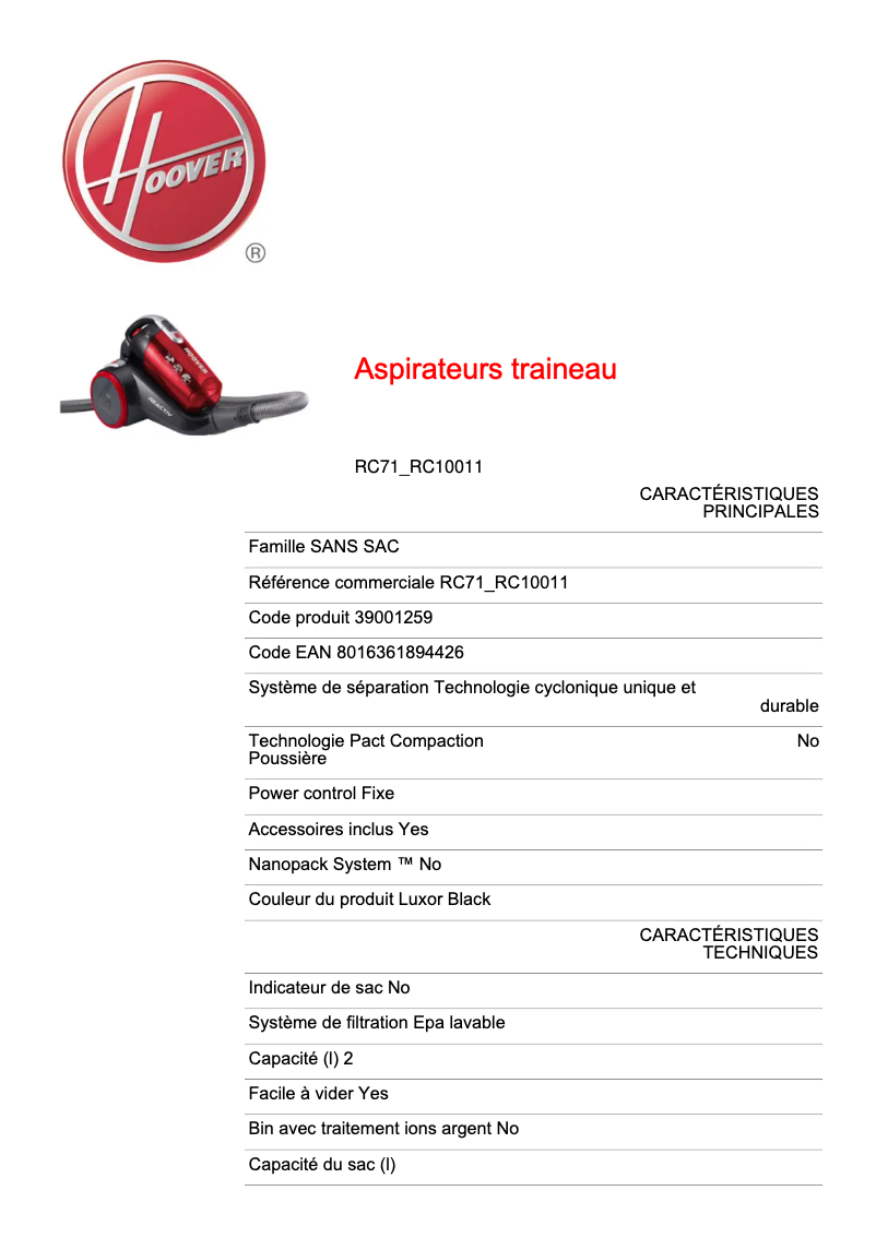 Page 1 of the manual Technical Sheet Hoover Reactiv RC71_RC10011