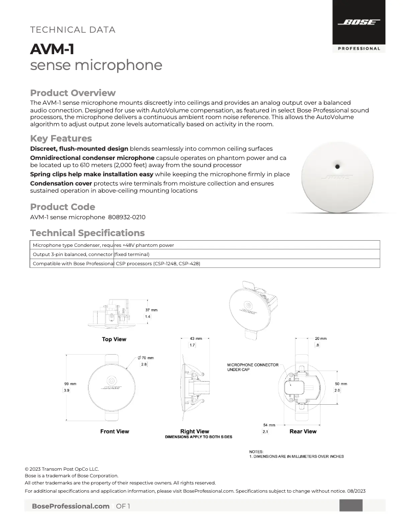 Page 1 of the manual Technical Sheet Bose AVM-1