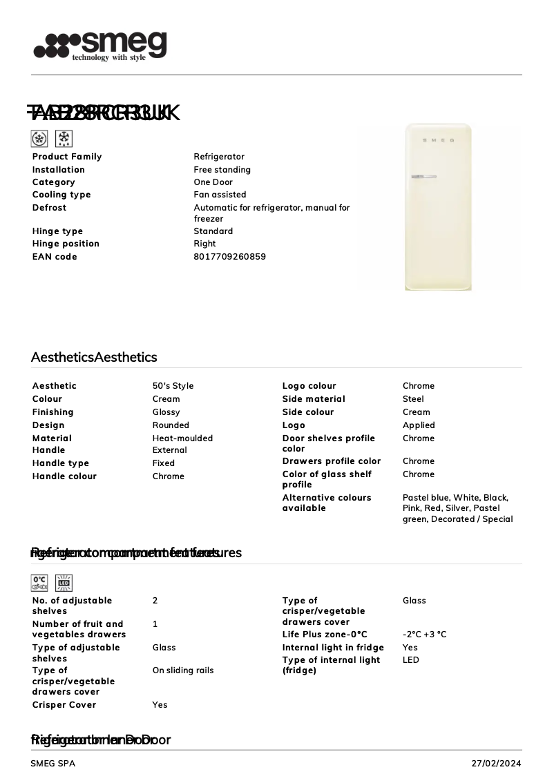 Page 1 of the manual Technical Sheet Smeg FAB28RCR3UK