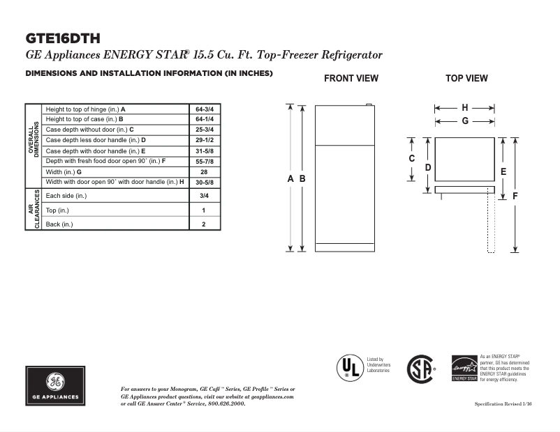 Page 1 of the manual Technical Sheet GE GTE16DTHWW