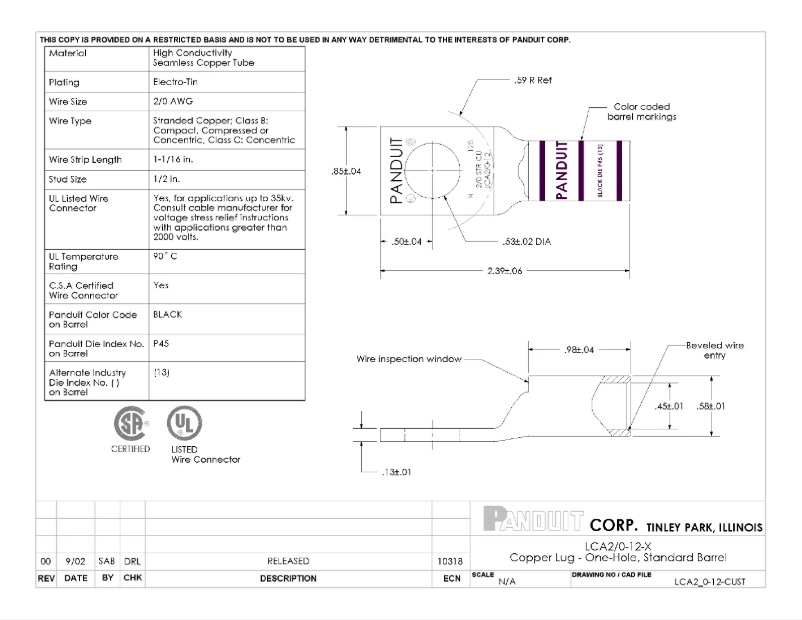 Page 1 of the manual Technical Drawing Panduit LCA2/0-12-X