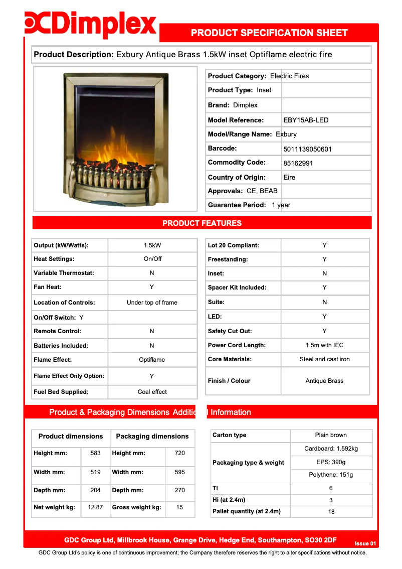 Page 1 of the manual Technical Sheet Dimplex EBY15AB