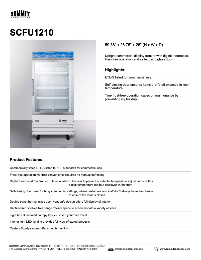 Page 1 of the manual Technical Sheet Summit Commercial SCFU1210