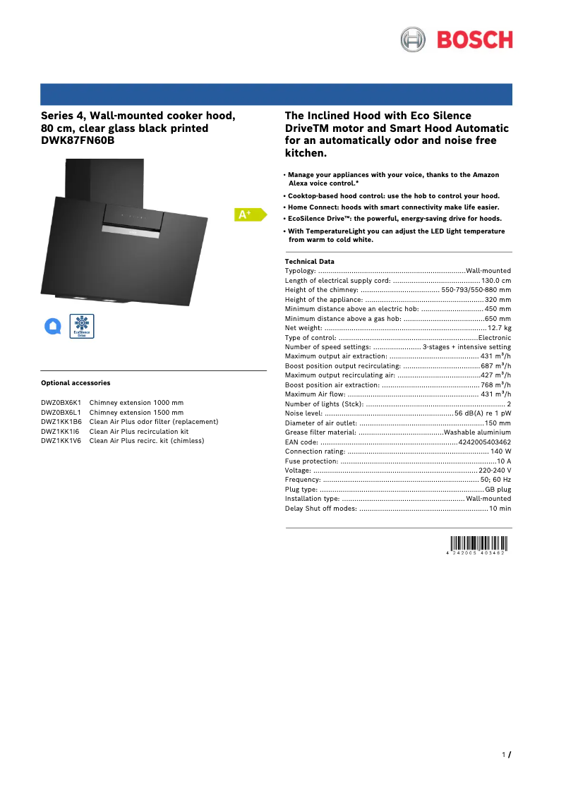 Page 1 of the manual Technical Sheet Bosch DWK87FN60B