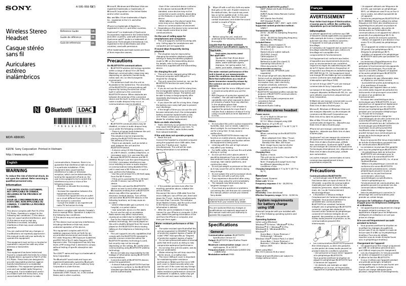 Page 1 of the manual User Manual Sony MDR-XB80BS