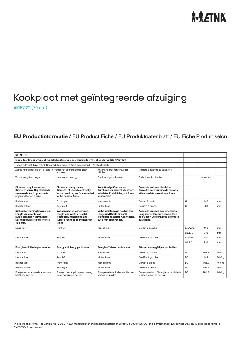 Page 1 of the manual Technical Sheet Etna AKI671ZT