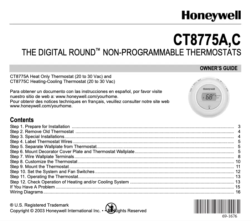 Page 1 of the manual User Manual Honeywell CT8775A