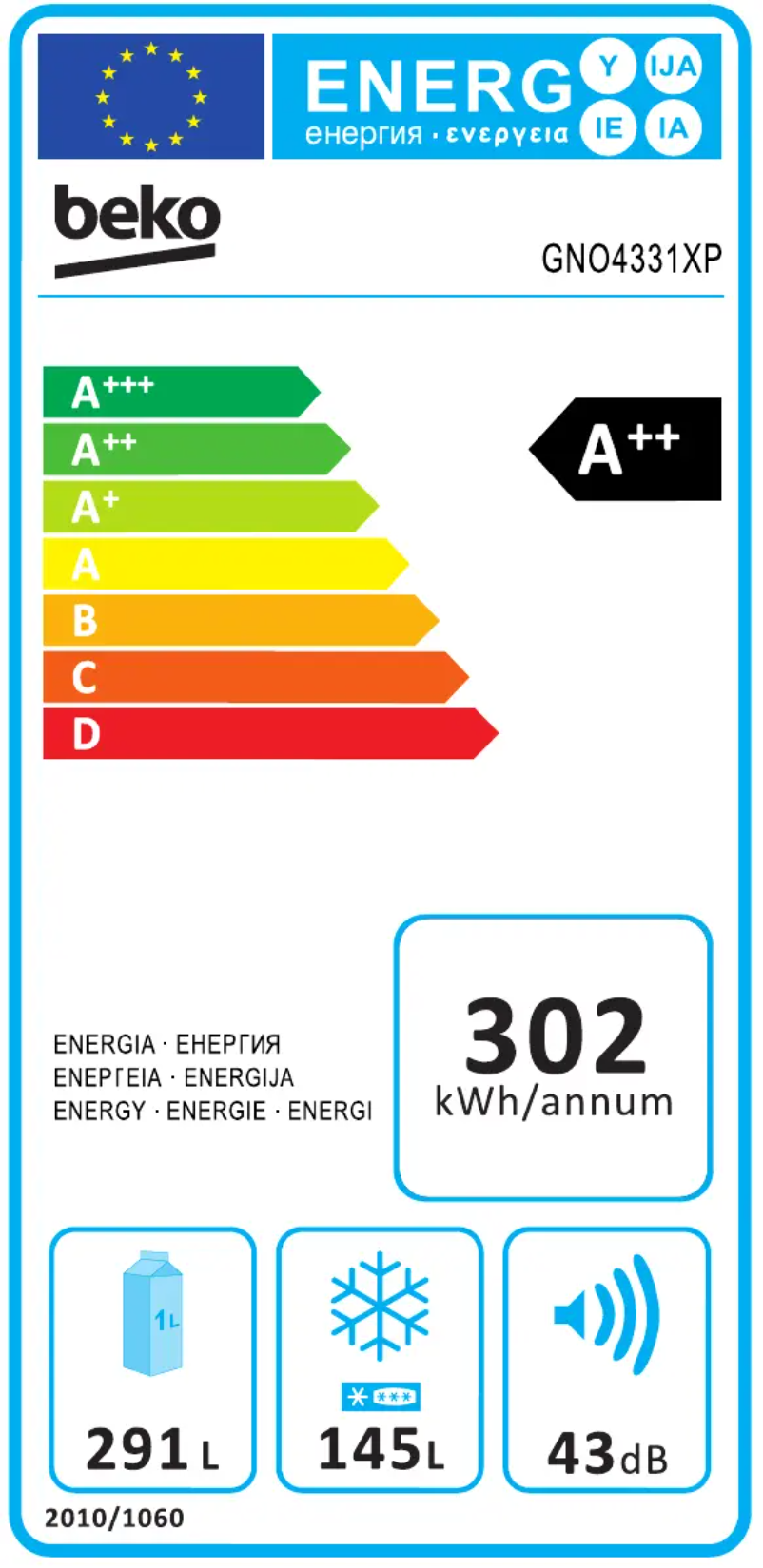 Page 1 of the manual Energy Label Beko GNO4331XP