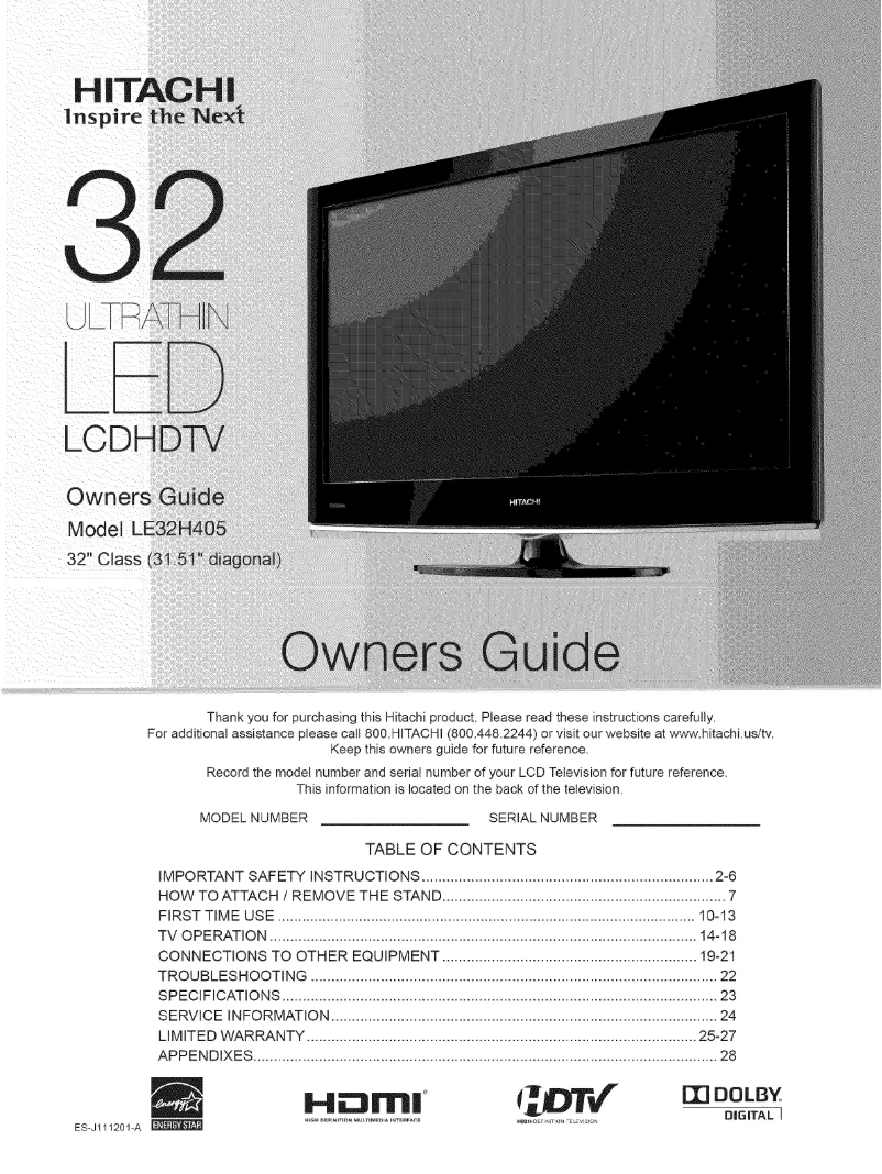 Page 1 of the manual User Manual Hitachi LE32H405
