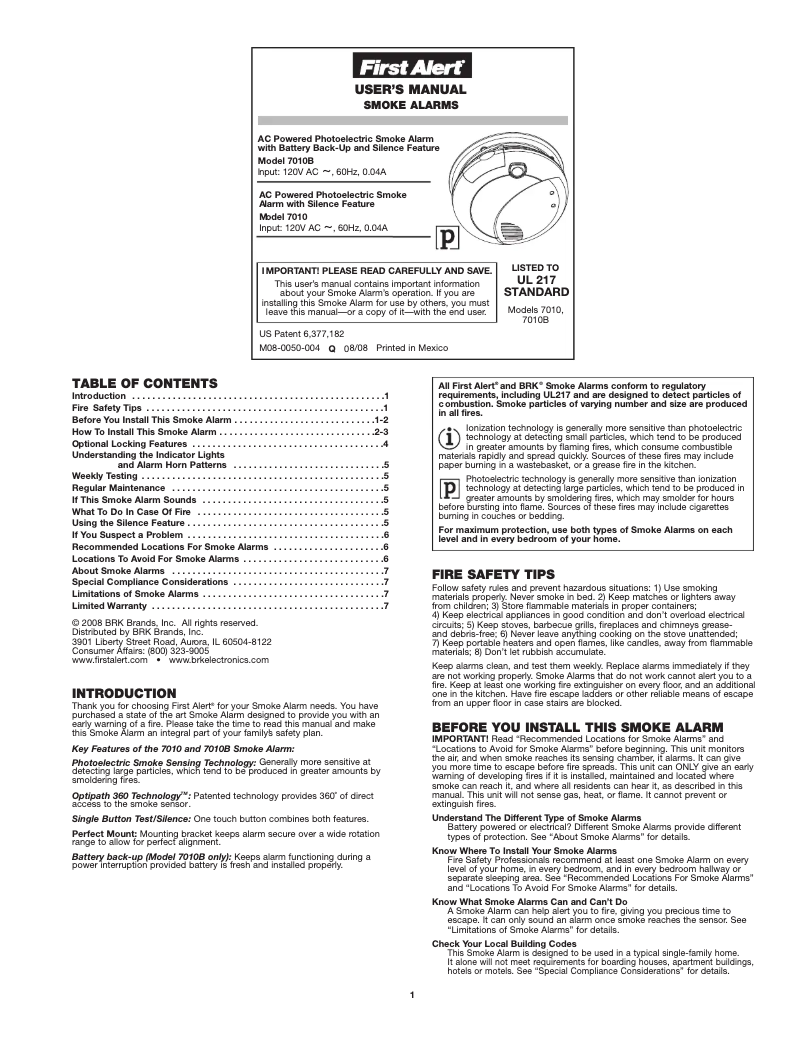 Page 1 of the manual User Manual First Alert 7010B