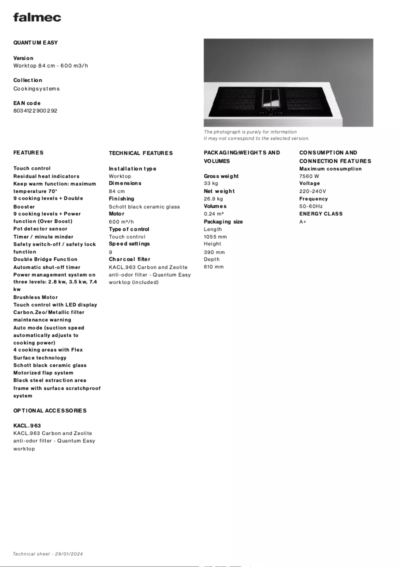 Page 1 of the manual Technical Sheet Falmec Quantum Easy