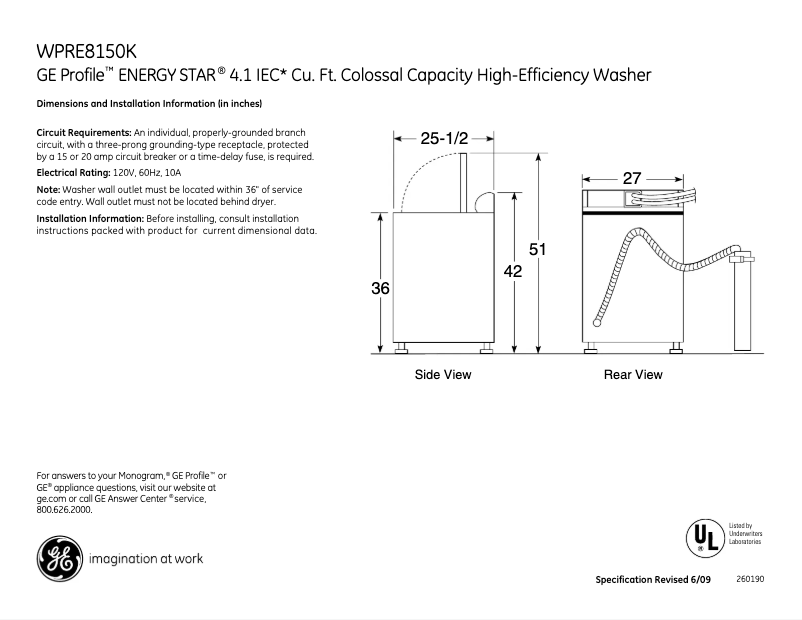 Page 1 of the manual Technical Sheet GE Profile WPRE8150KWT